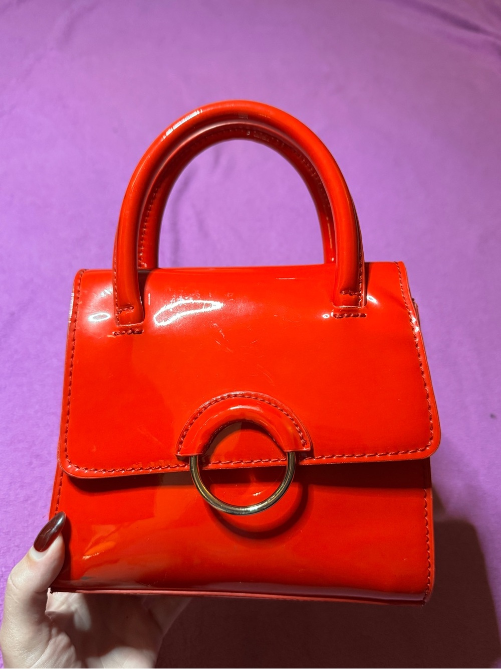 Red Patent Top-Handle Women’s Bag with Gold Ring Accent